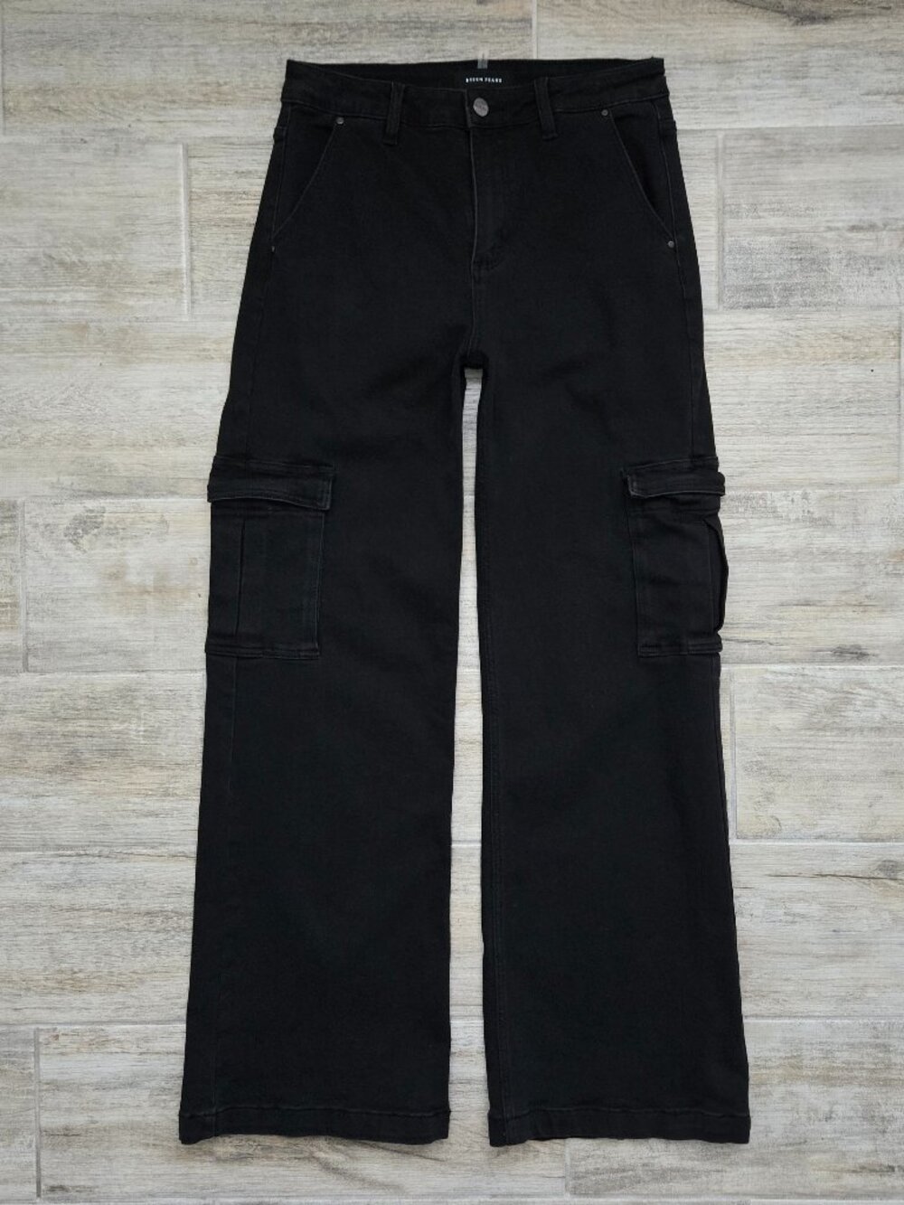 Risen Black Wide Leg Cargo Jeans Womens Stretch Denim Flap Pocket High Rise 30 - Picture 1 of 7